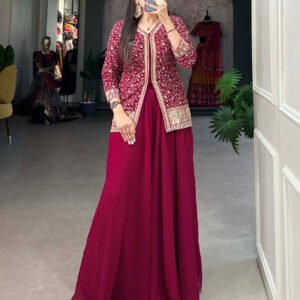 Rani Pink Color Embroidery Work Georgette Plazo Suit