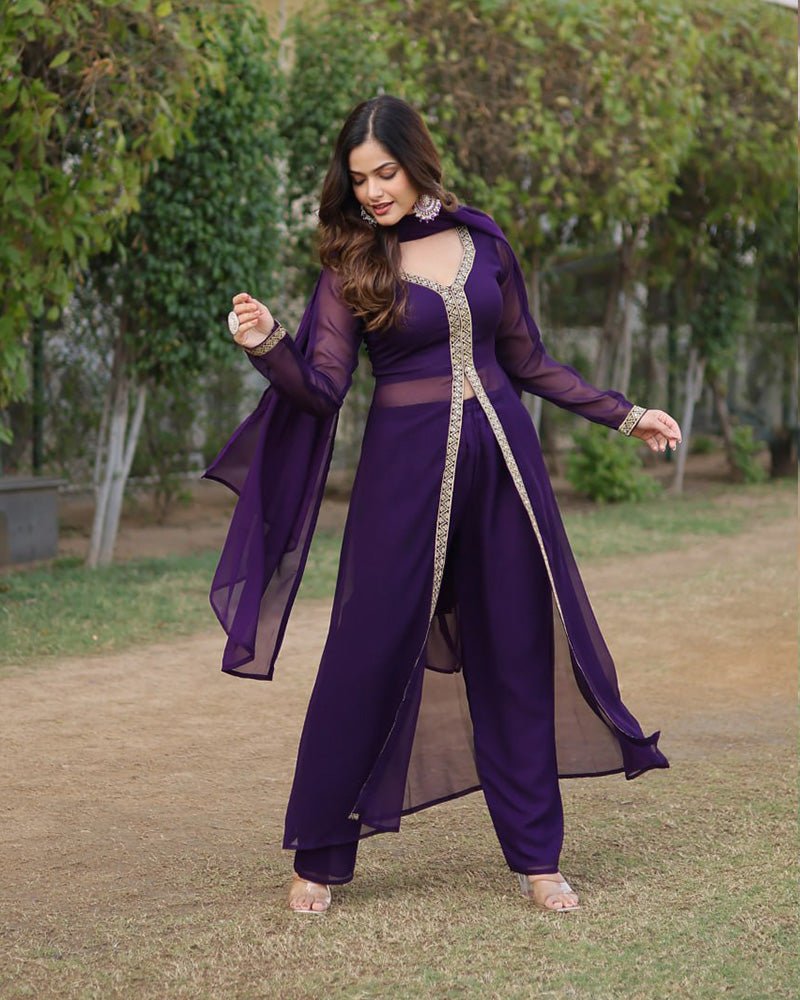 Western Designer Wine Color Georgette Three Piece Kurti Suit