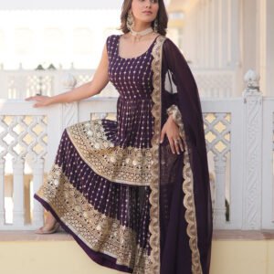 Designer Dark Wine Color Three Piece Gharara Suit