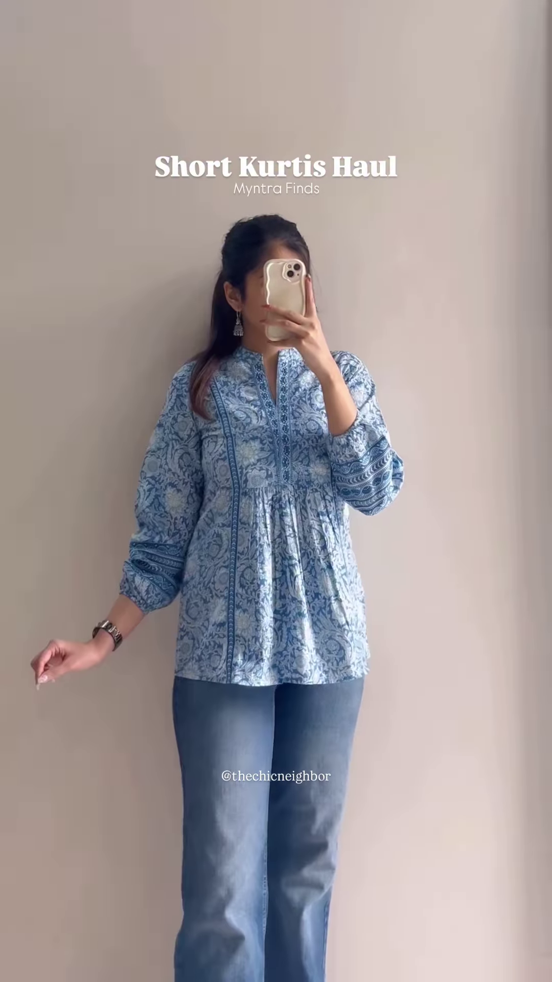 Women’s Black Short Kurti with White Threadwork & Light Blue Jeans – Casual Ethnic Streetwear Edit - Image 5
