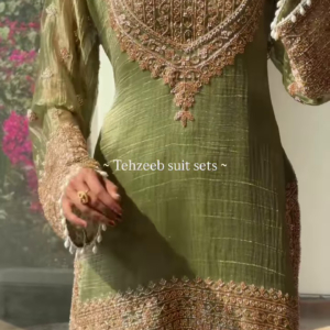 Elegant Olive Green Embroidered Ethnic Suit with Golden Accents