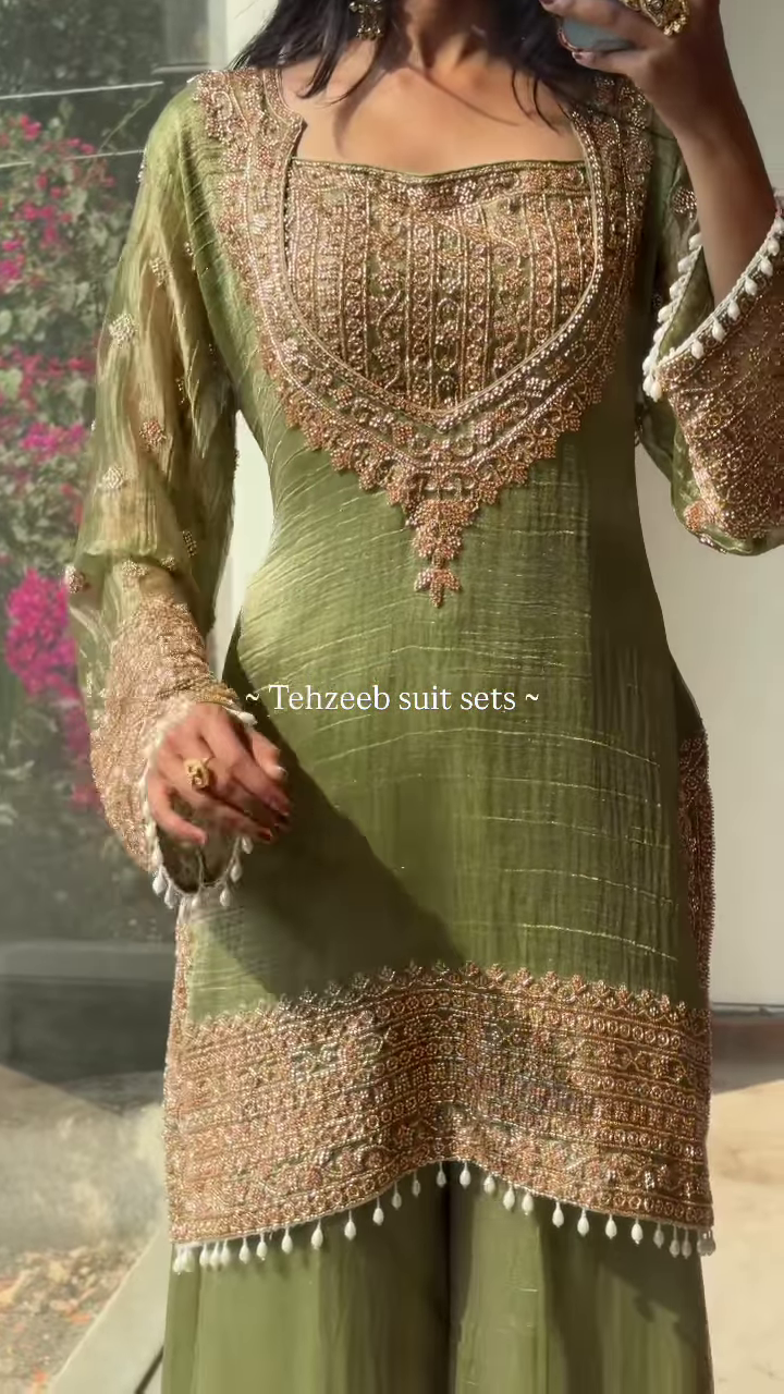 Elegant Olive Green Embroidered Ethnic Suit with Golden Accents