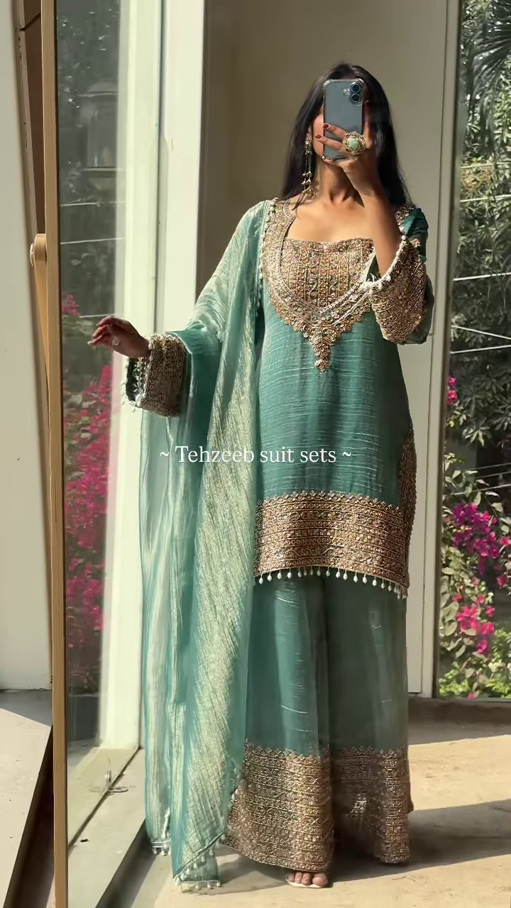 Elegant Olive Green Embroidered Ethnic Suit with Golden Accents - Image 3
