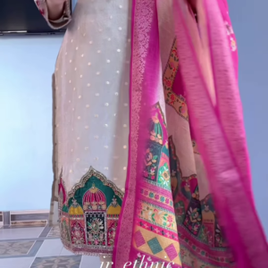 Traditional Silk Blend Suit with Vibrant Pink Embellished Dupatta
