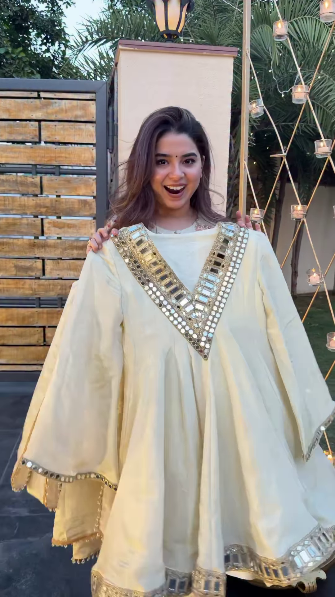Pastel Yellow Mirror Work Anarkali with Statement Bell Sleeves - Image 3