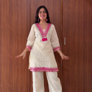 White Cotton Embroidered Kurta Set with Pink Accents
