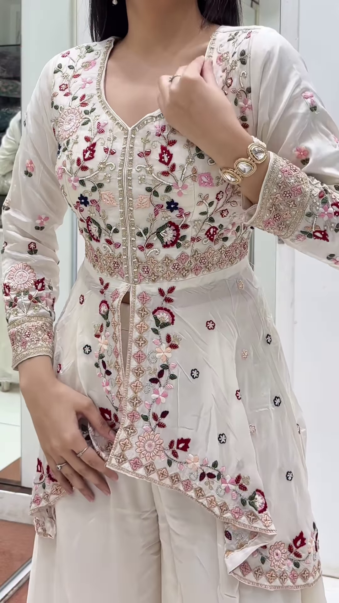 White Floral Embroidered Front-Slit Ethnic Suit - Image 2