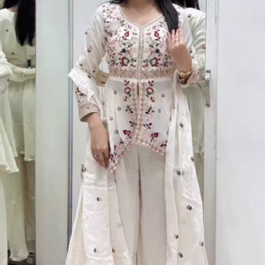 White Floral Embroidered Front-Slit Ethnic Suit