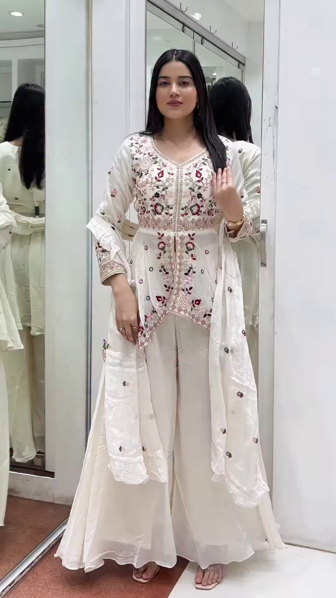 White Floral Embroidered Front-Slit Ethnic Suit