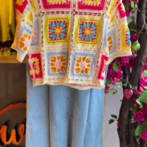 Bohemian Crochet Patchwork Crop Top with Denim Maxi Skirt