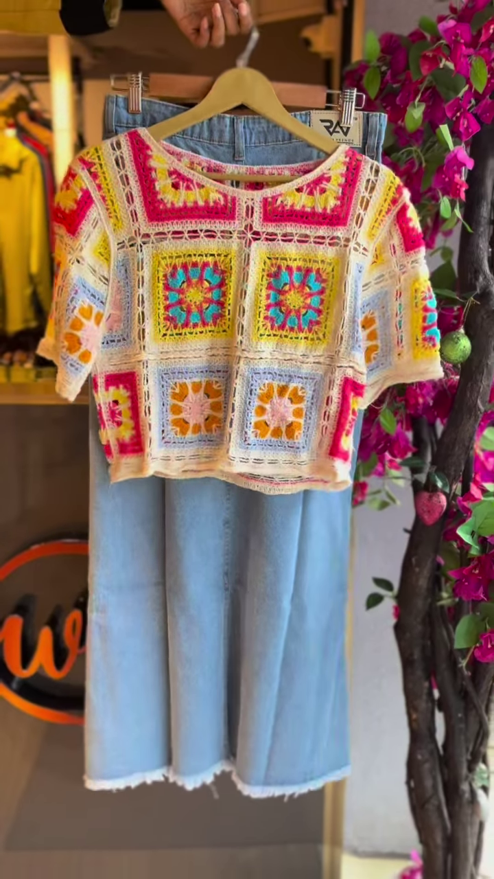 Bohemian Crochet Patchwork Crop Top with Denim Maxi Skirt