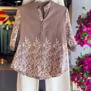 Mauve Embroidered High-Low Tunic with White Linen Trousers