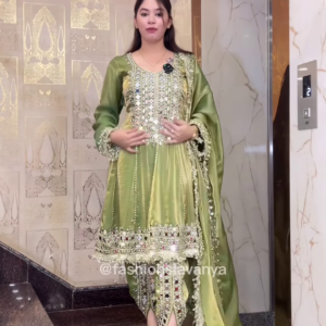Regal Olive Green Silk Anarkali with Heavy Mirror Work
