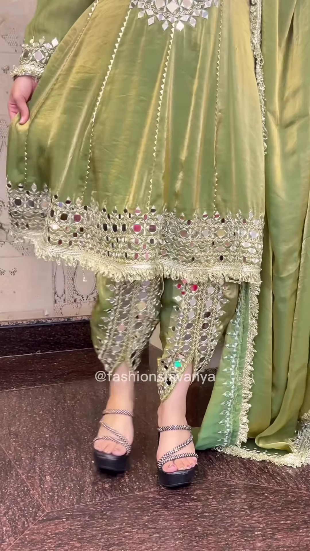 Regal Olive Green Silk Anarkali with Heavy Mirror Work - Image 5