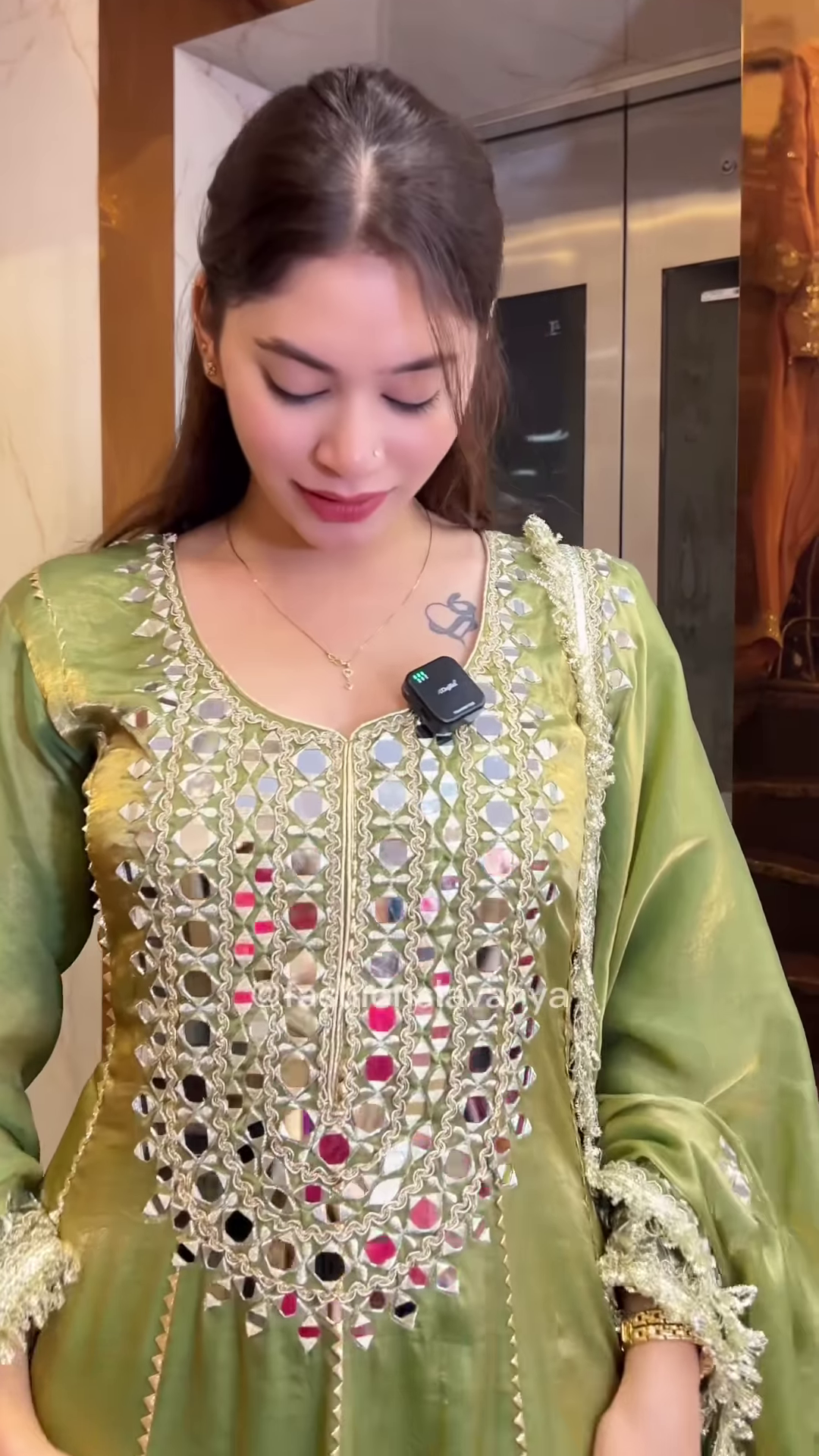 Regal Olive Green Silk Anarkali with Heavy Mirror Work - Image 4