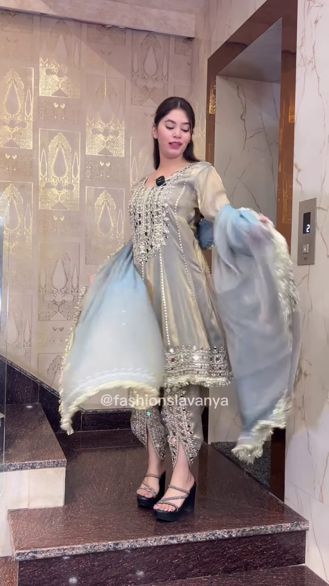 Regal Olive Green Silk Anarkali with Heavy Mirror Work - Image 3