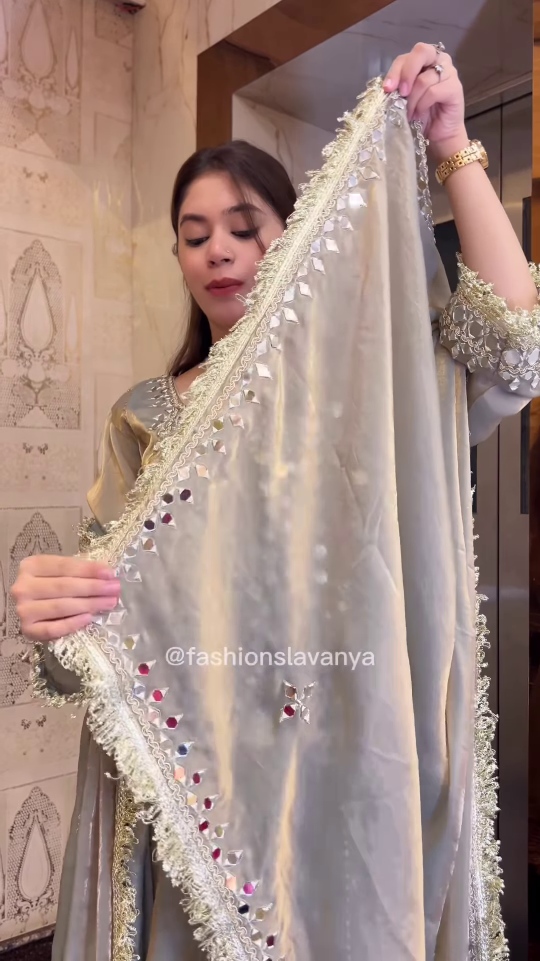 Regal Olive Green Silk Anarkali with Heavy Mirror Work - Image 2
