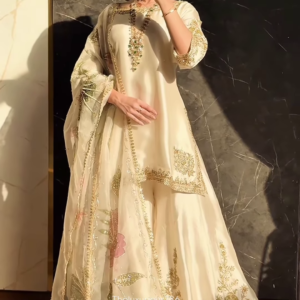 Ivory Satin Ethnic Set with Gold Floral Zari Embroidery