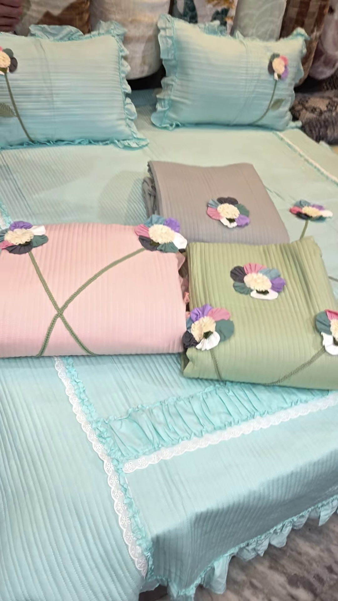 Mint Green Quilted Bedding Set with 3D Floral Appliques - Image 5