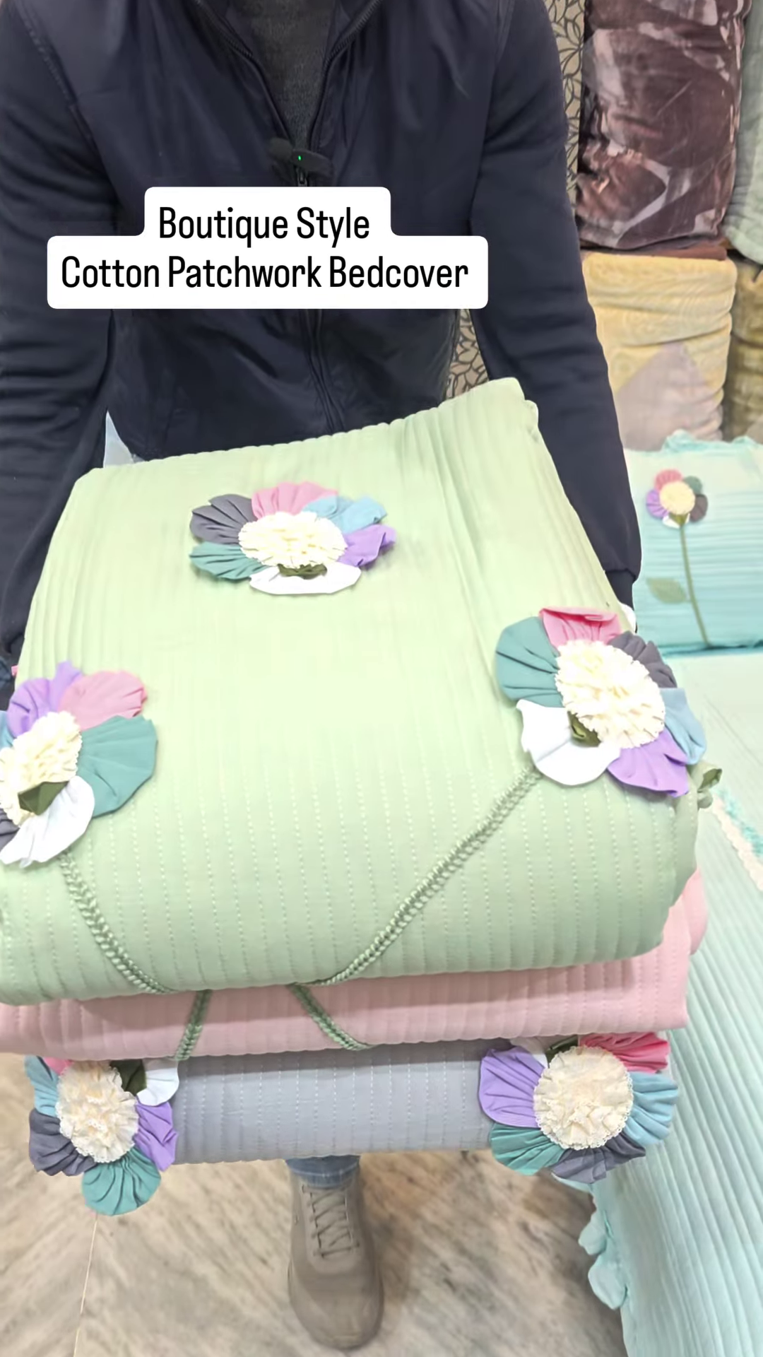 Mint Green Quilted Bedding Set with 3D Floral Appliques - Image 4
