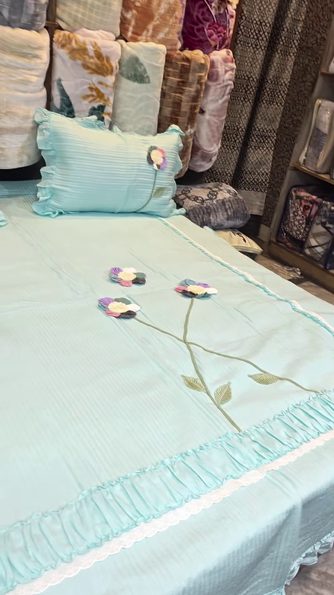 Mint Green Quilted Bedding Set with 3D Floral Appliques