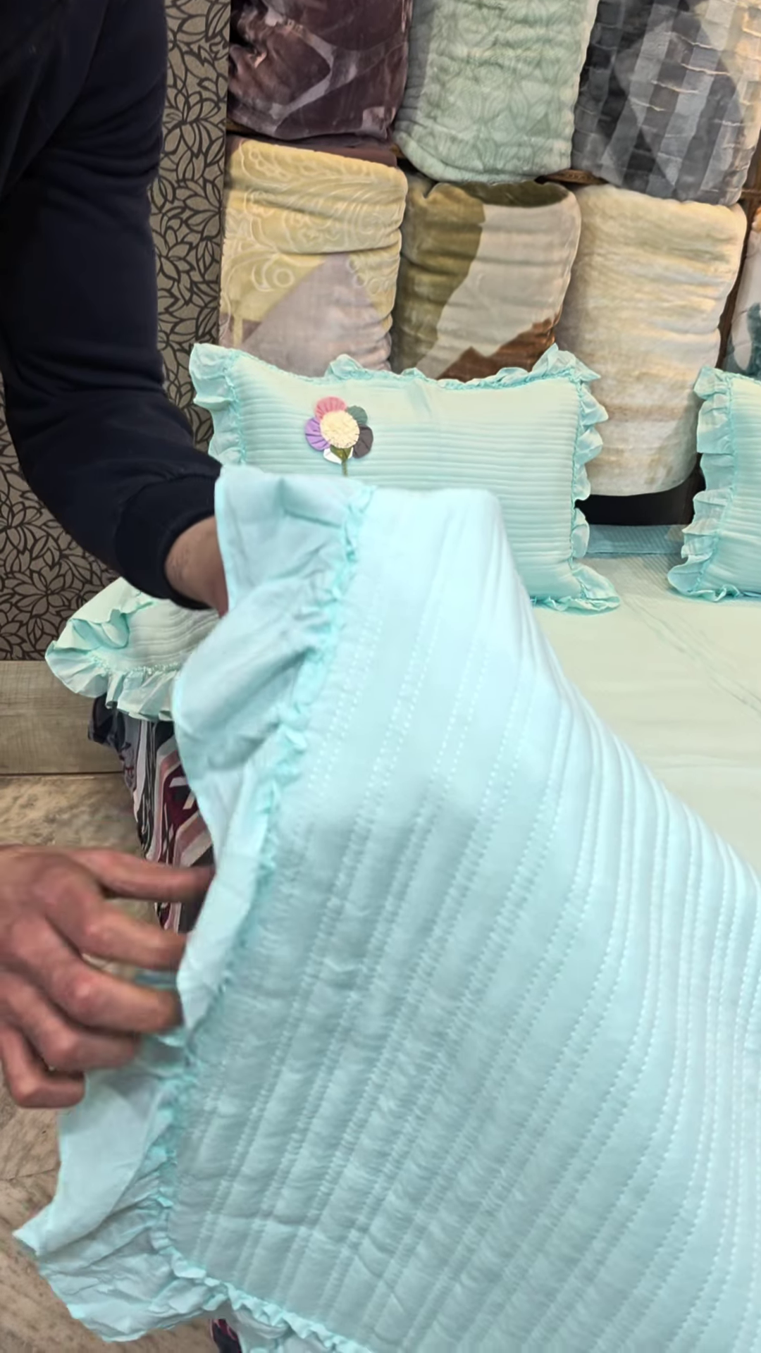 Mint Green Quilted Bedding Set with 3D Floral Appliques - Image 3