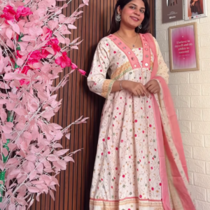 Black Floral Anarkali Set with Traditional Block Print Motifs