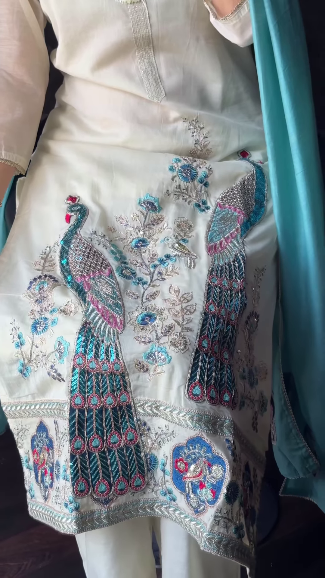 Ivory Ethnic Suit with Majestic Teal Peacock Embroidery