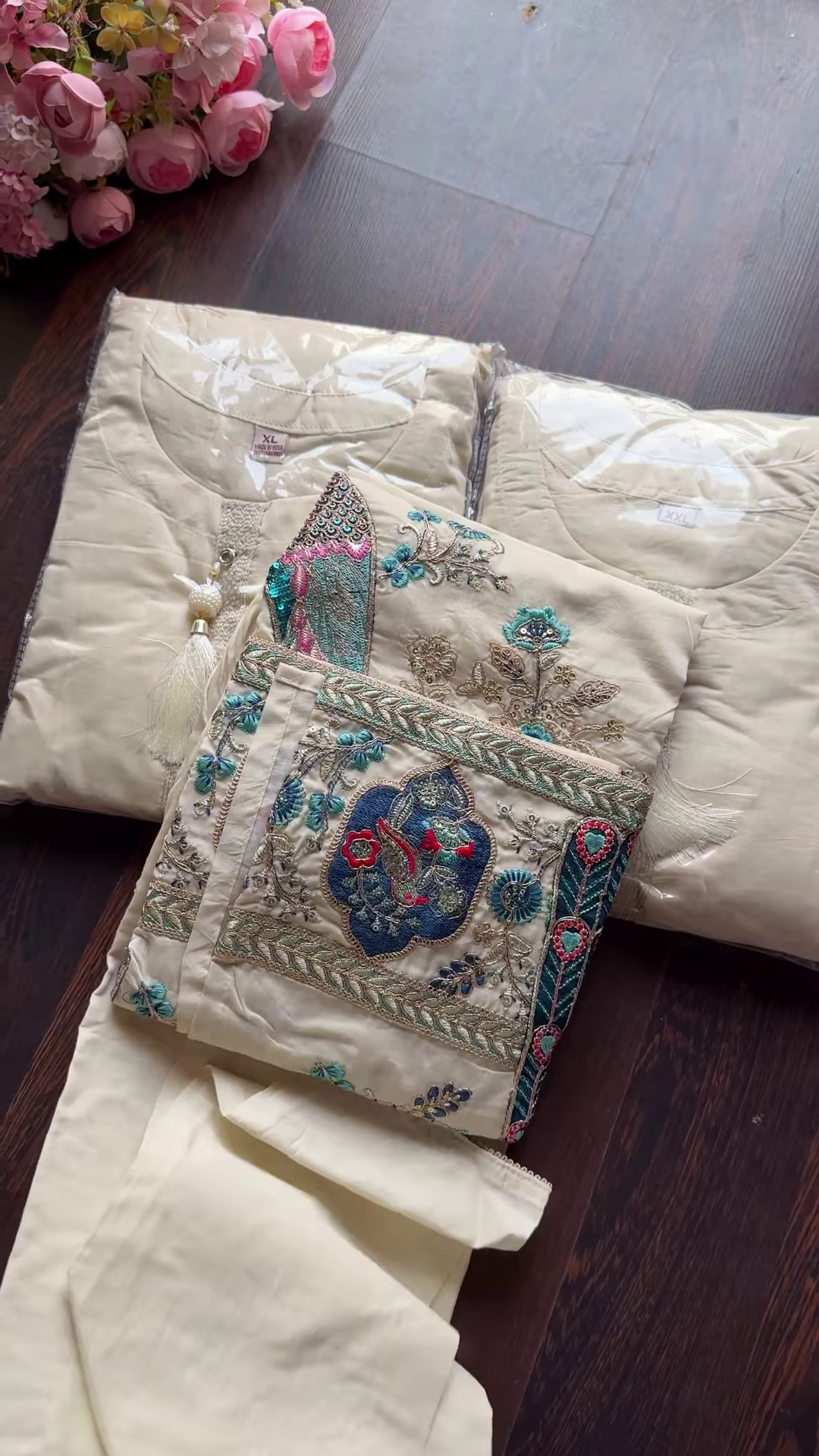 Ivory Ethnic Suit with Majestic Teal Peacock Embroidery - Image 3