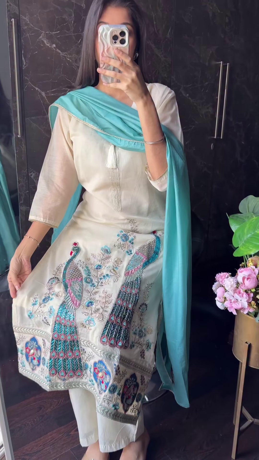 Ivory Ethnic Suit with Majestic Teal Peacock Embroidery - Image 2
