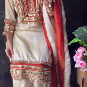 Traditional Ivory Punjabi Suit with Red Mirror Work and Shell Accents