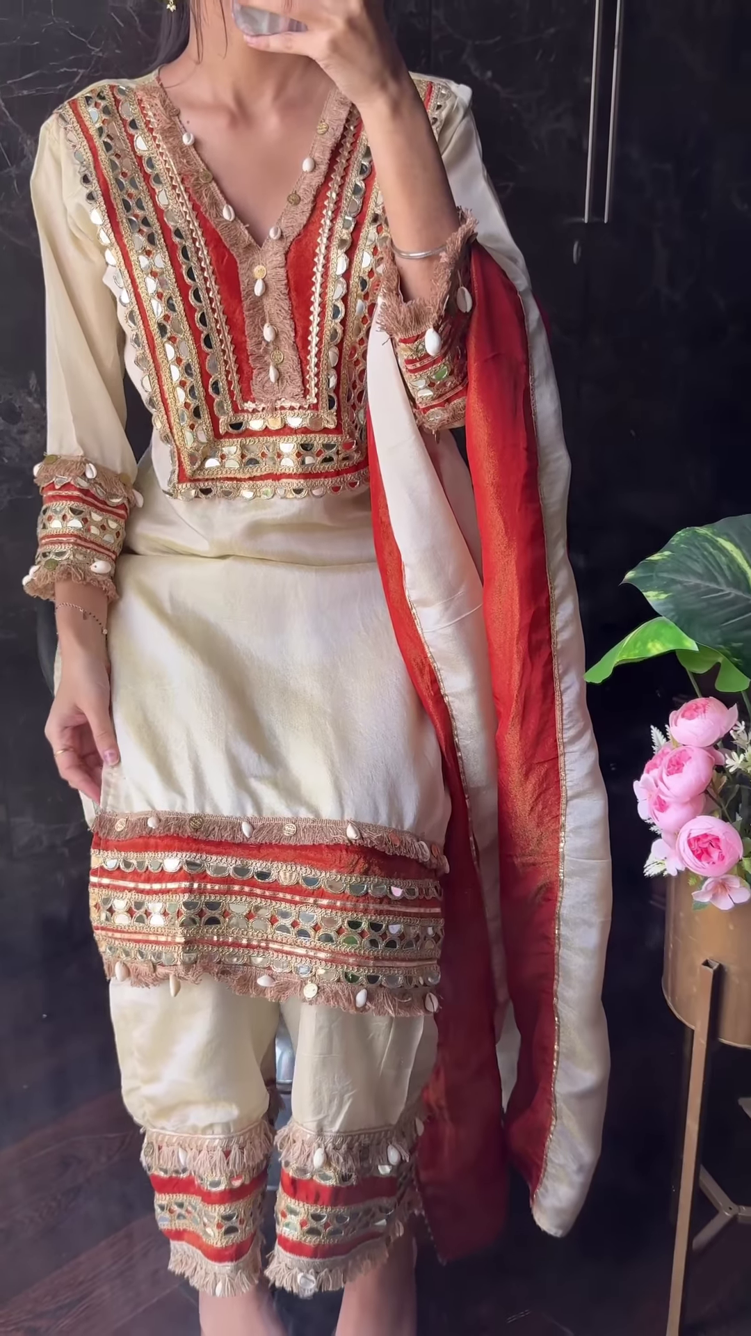 Traditional Ivory Punjabi Suit with Red Mirror Work and Shell Accents