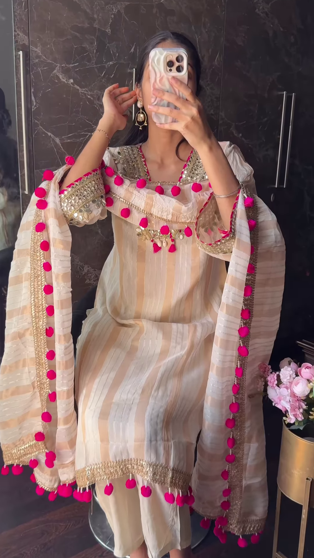 Pastel Striped Silk Suit with Pink Pom-Pom and Mirror Embellishments - Image 2