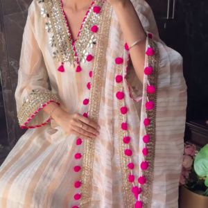 Pastel Striped Silk Suit with Pink Pom-Pom and Mirror Embellishments