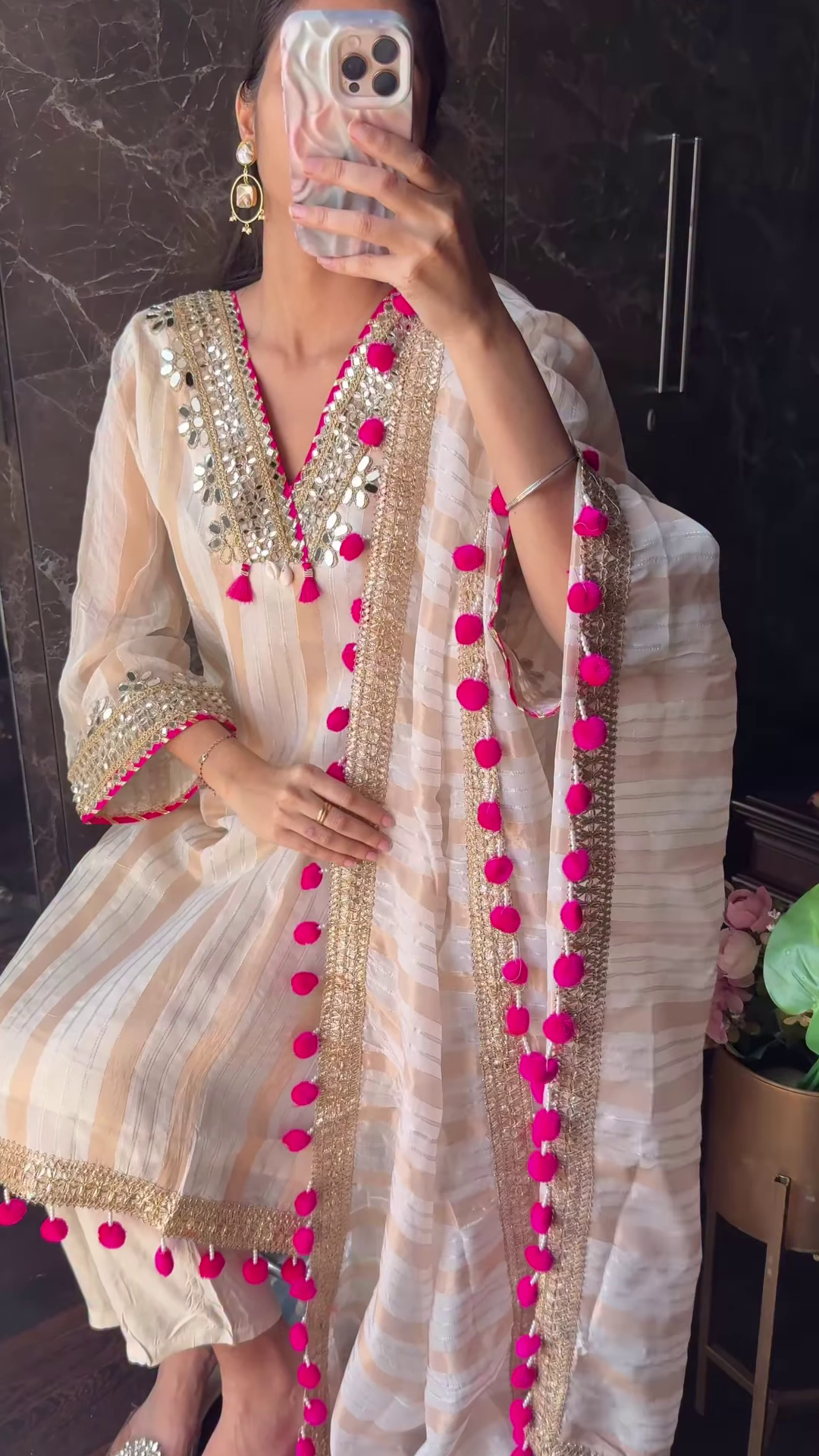 Pastel Striped Silk Suit with Pink Pom-Pom and Mirror Embellishments