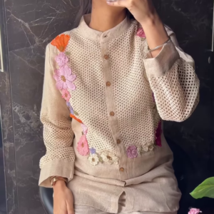 Natural Linen High-Neck Tunic with Floral Crochet and Lace Detail