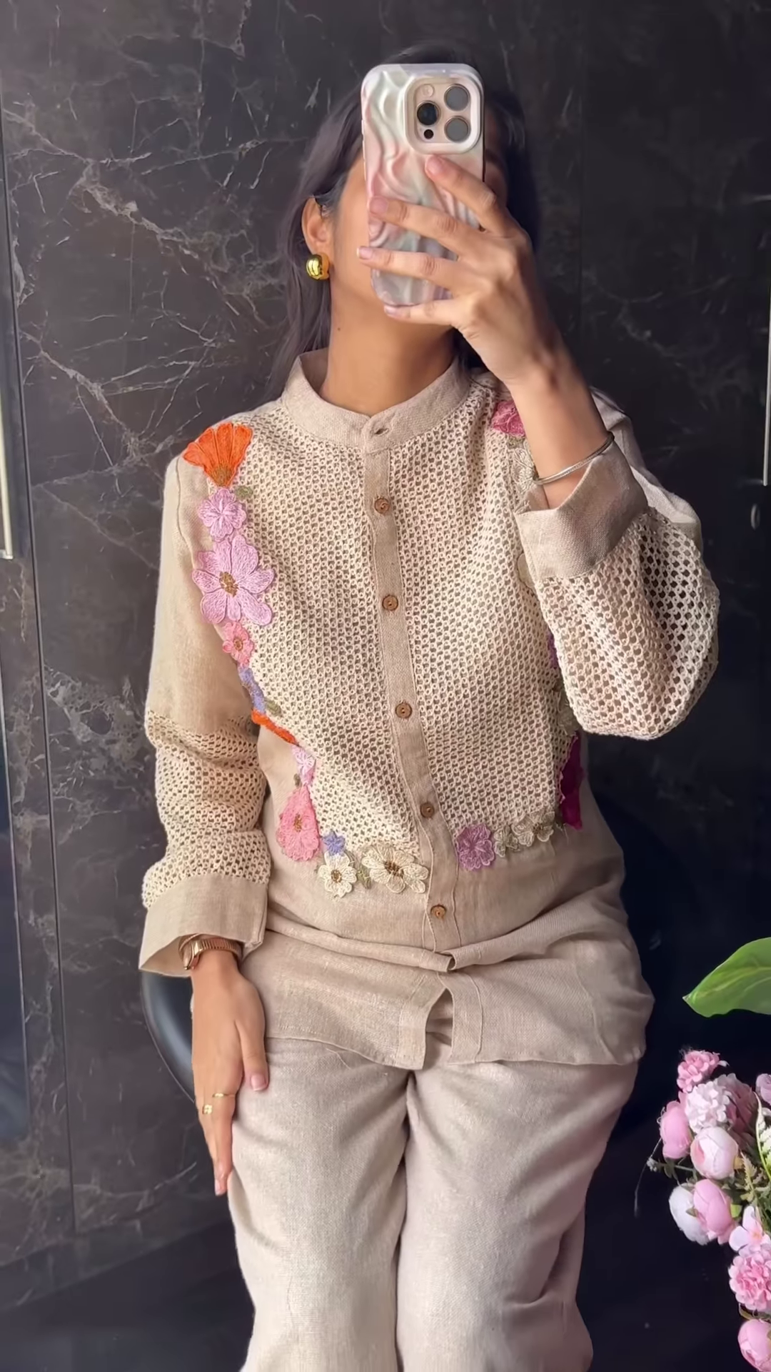 Natural Linen High-Neck Tunic with Floral Crochet and Lace Detail