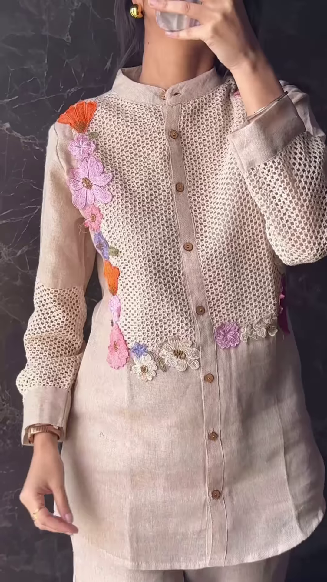 Natural Linen High-Neck Tunic with Floral Crochet and Lace Detail - Image 2