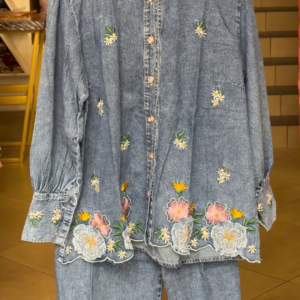 Light-Wash Denim Coordinate Set with Floral Embroidery
