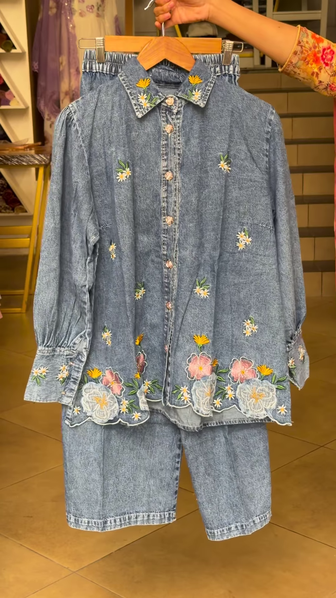 Light-Wash Denim Coordinate Set with Floral Embroidery