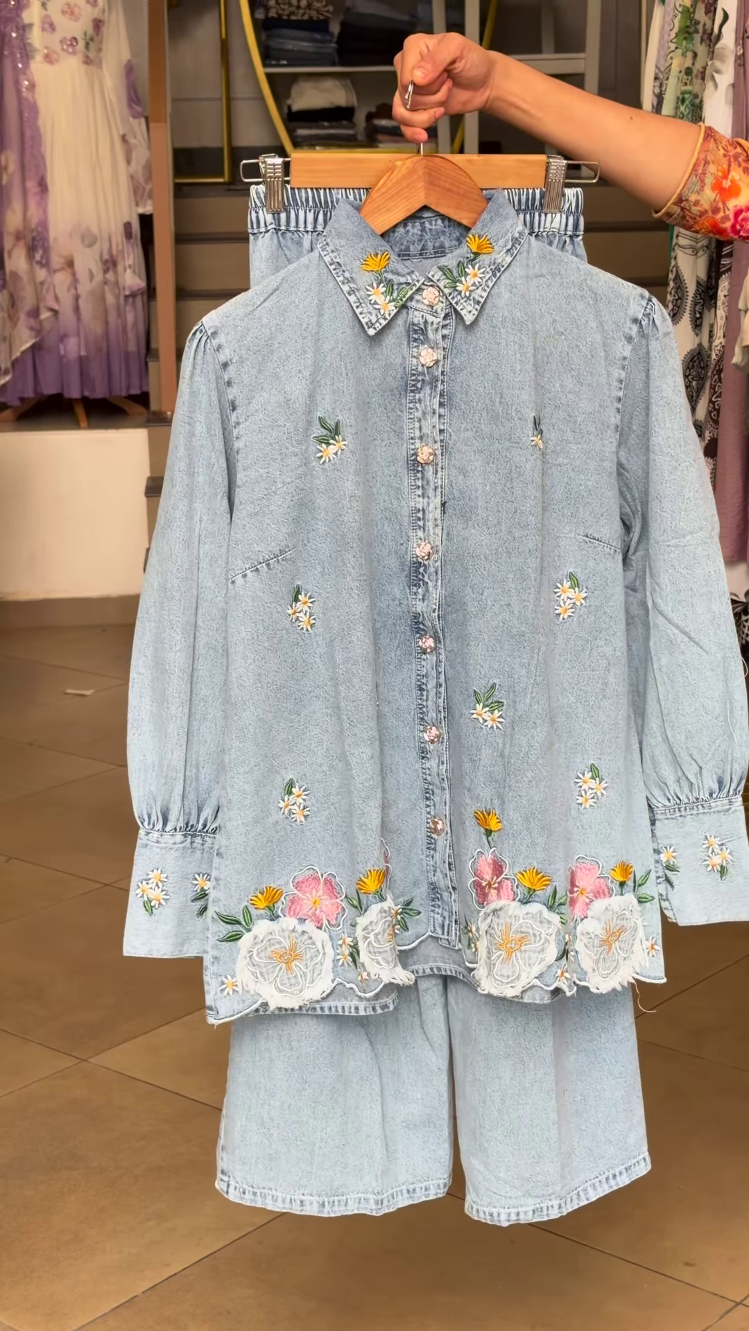 Light-Wash Denim Coordinate Set with Floral Embroidery - Image 3