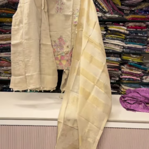 Elegant Ivory Silk Suit with Pastel Floral Embroidery
