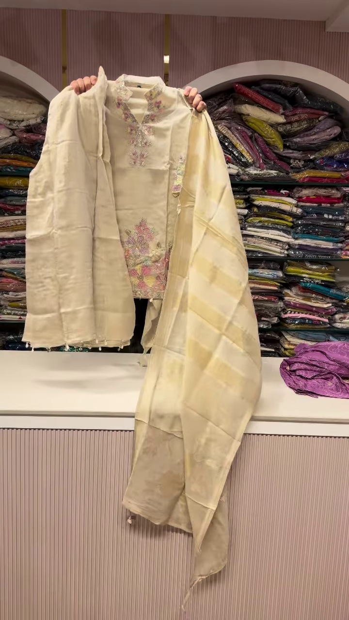 Elegant Ivory Silk Suit with Pastel Floral Embroidery