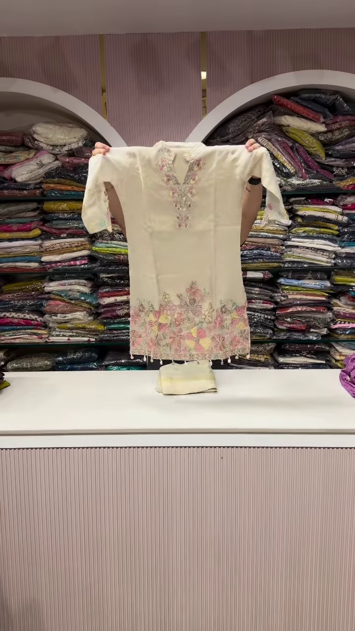 Elegant Ivory Silk Suit with Pastel Floral Embroidery - Image 3