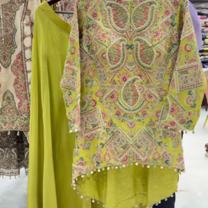 Lime Green Heavily Embroidered Kurta with Matching Skirt Set