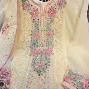 Cream Chiffon Suit with Pink and Sage Floral Cutwork