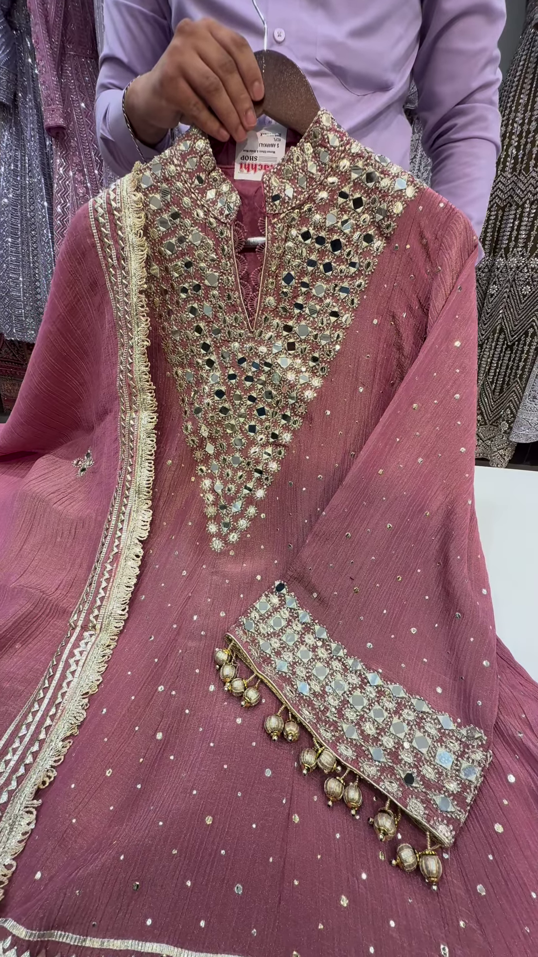 Mauve Georgette Suit with Geometric Mirror and Zari Work - Image 3