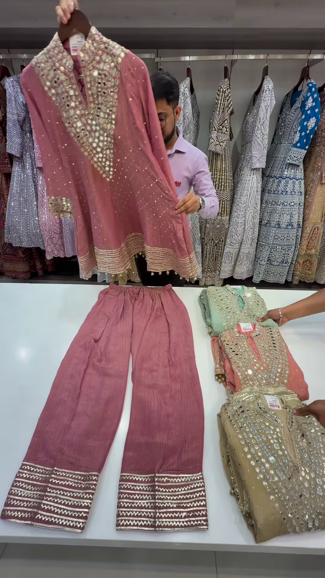 Mauve Georgette Suit with Geometric Mirror and Zari Work - Image 2