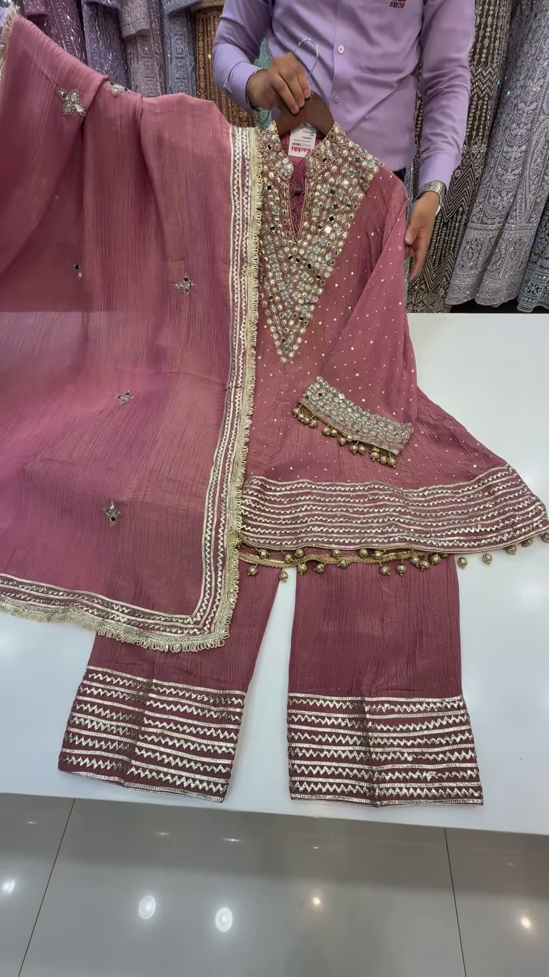 Mauve Georgette Suit with Geometric Mirror and Zari Work