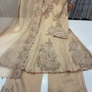 Champagne Gold Silk Kurta with Multicolored Paisley Embroidery